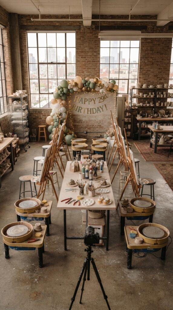 Modern pottery studio decorated with birthday balloons and creative art supplies for a unique 29th birthday painting party.
