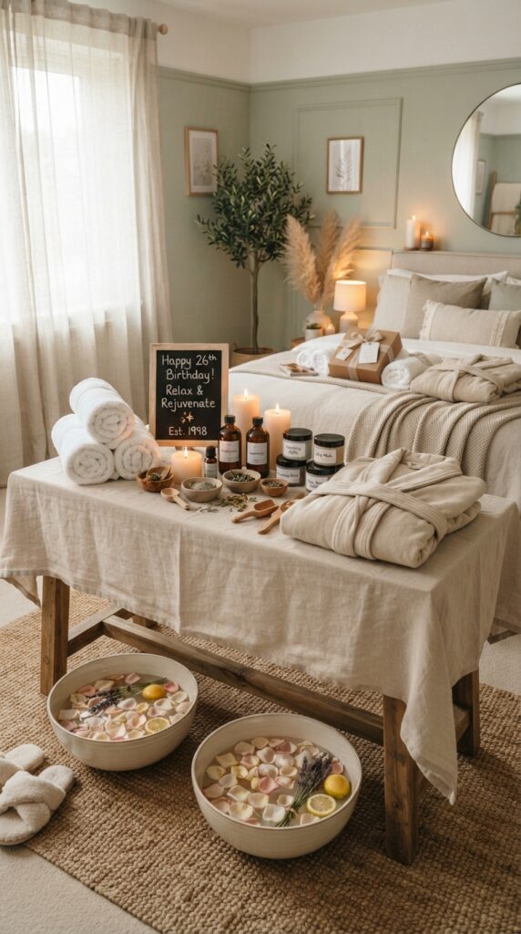Relaxing home spa setup for a 26th birthday featuring robes, candles, face masks, towels, and calming neutral décor.