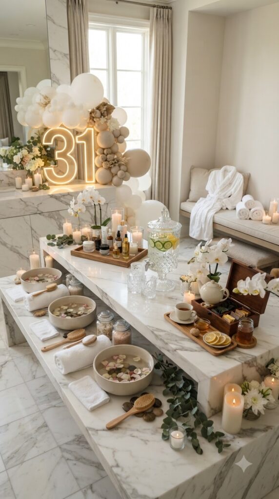 Relaxing home spa setup for a 31st birthday with candles, towels, skincare station, herbal drinks, and elegant birthday decorations.