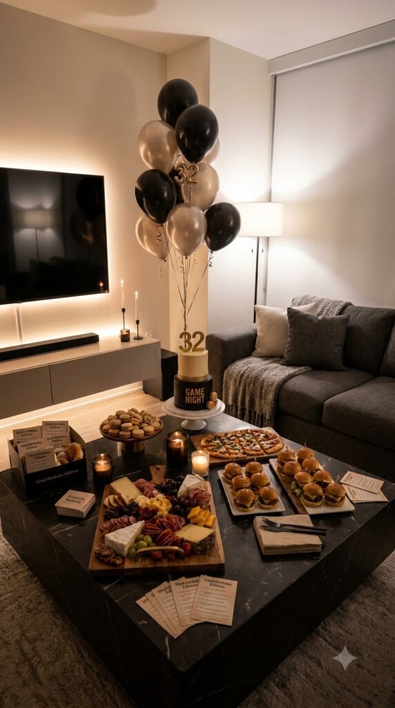 A stylish game night setup with gourmet snacks, birthday cake, LED lighting, balloons, and cozy living room decor