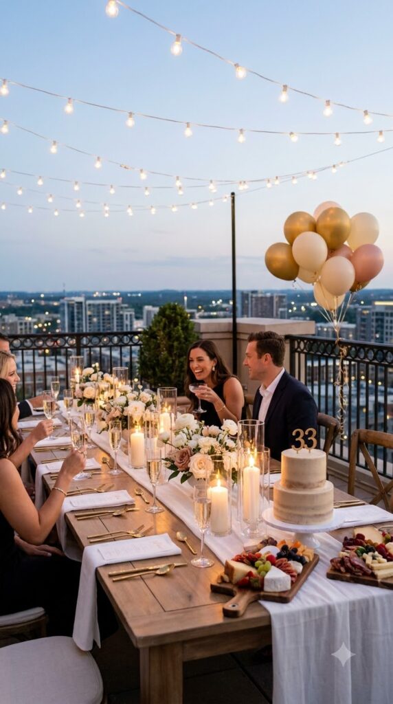 A stylish rooftop cocktail party with modern balloon decor, elegant tables, city skyline views, and sunset lighting