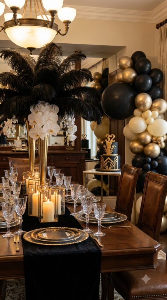 A glamorous themed dinner party with black and gold decor, candles, elegant table settings, and birthday styling