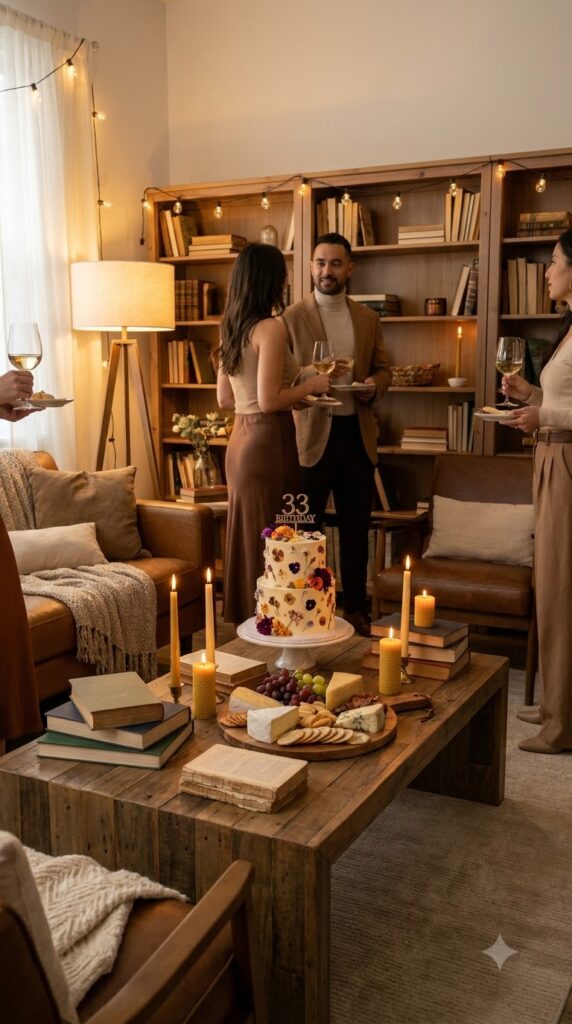 A stylish birthday brunch featuring fresh pastries, floral centerpieces, elegant table settings, pastel balloons, and modern party deco