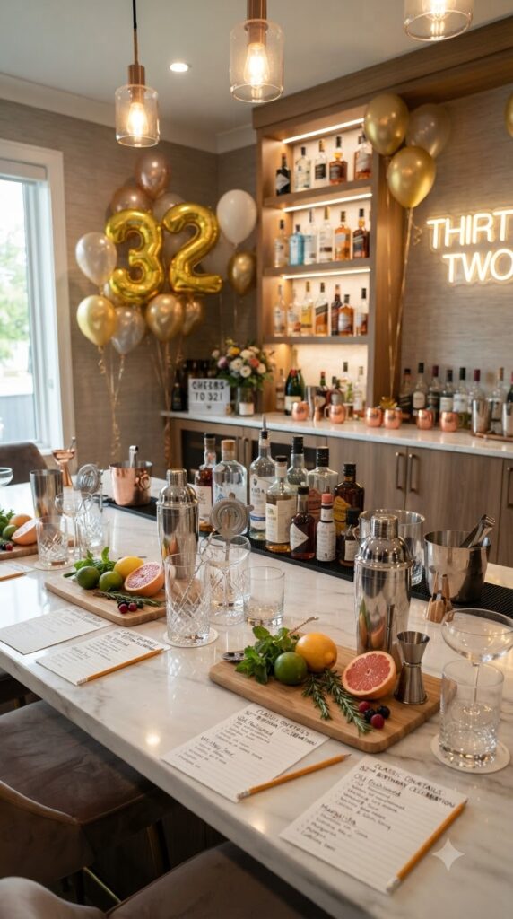 A modern cocktail bar setup with premium glassware, fresh ingredients, birthday balloons, and elegant party decor