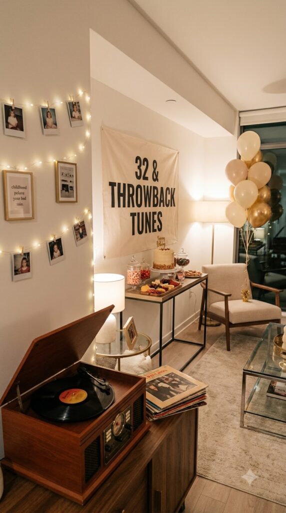 A nostalgic birthday party with vintage records, childhood photos, string lights, balloons, and themed decorations