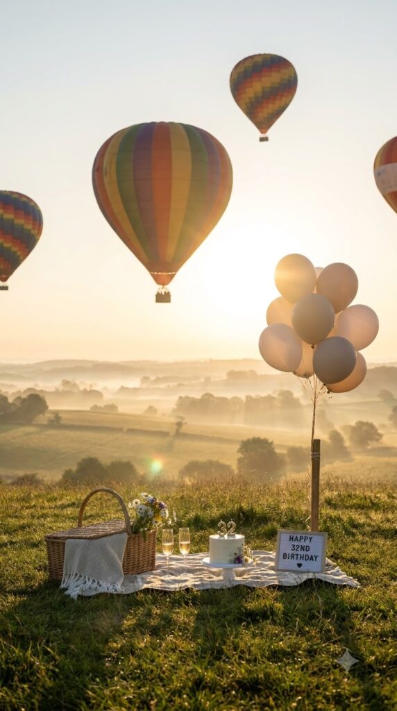 A breathtaking sunrise hot air balloon birthday experience with a luxury picnic and scenic countryside inspired