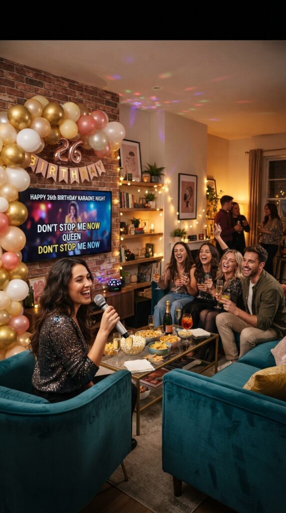 Stylish home karaoke party for a 26th birthday with wireless microphone, balloon arch, lounge seating, snacks, and modern décor.