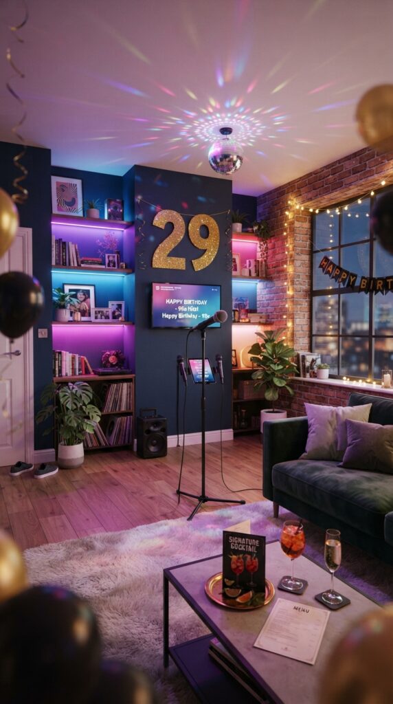 Stylish karaoke birthday party setup with disco ball, glitter banner, stage lighting, microphone, and modern 29th birthday decorations.