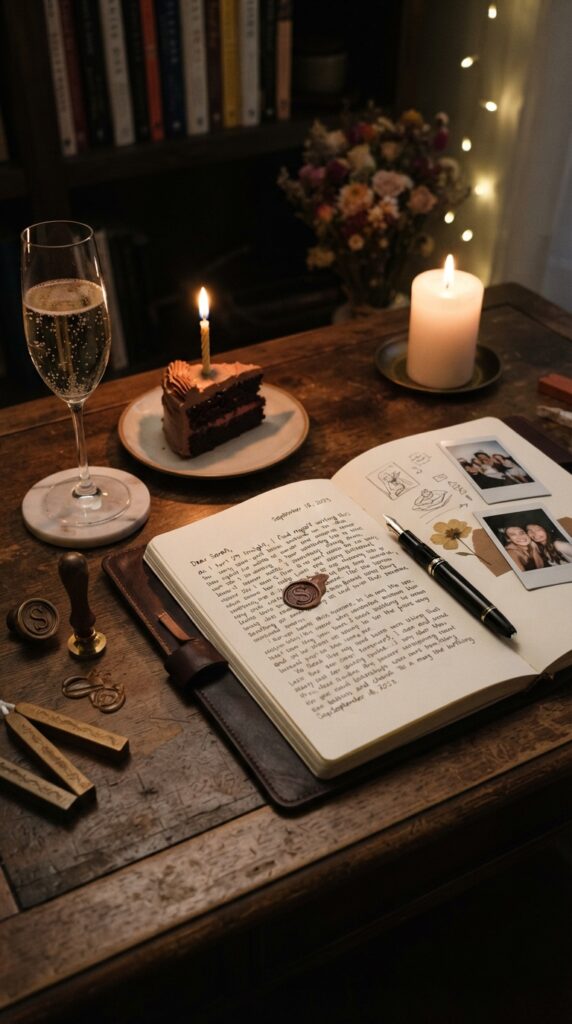 Elegant birthday keepsake scene with journal, handwritten letter, wax seal, champagne, and candlelight for a meaningful 29th birthday ending.