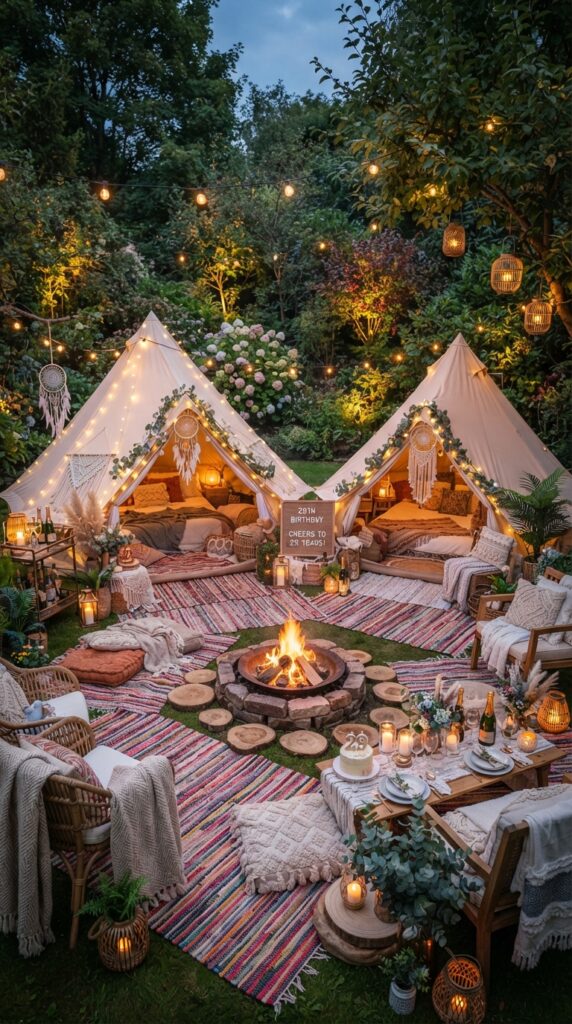 Luxury backyard glamping setup with bell tents, lanterns, rugs, fairy lights, and cozy boho birthday decorations for a 29th birthday.
