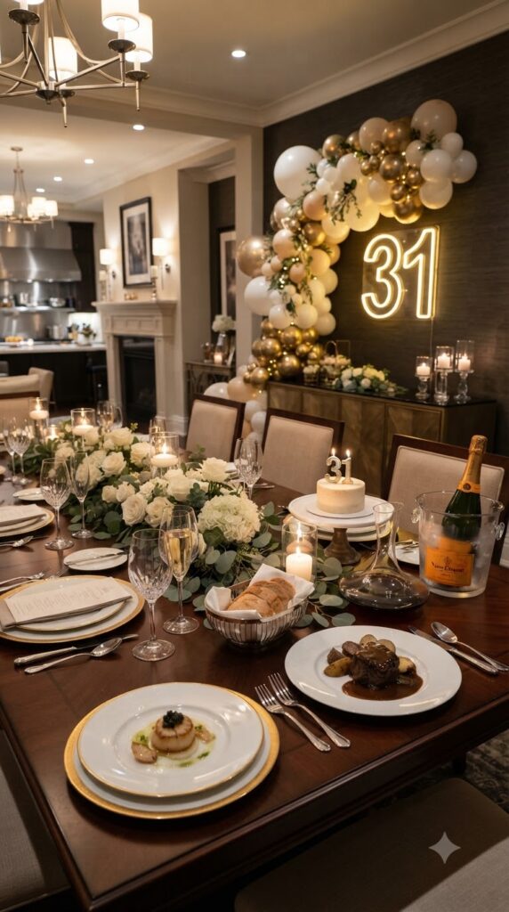 Luxury private chef dinner table for a 31st birthday with gourmet food, candles, floral centerpieces, and elegant gold 31 birthday décor.