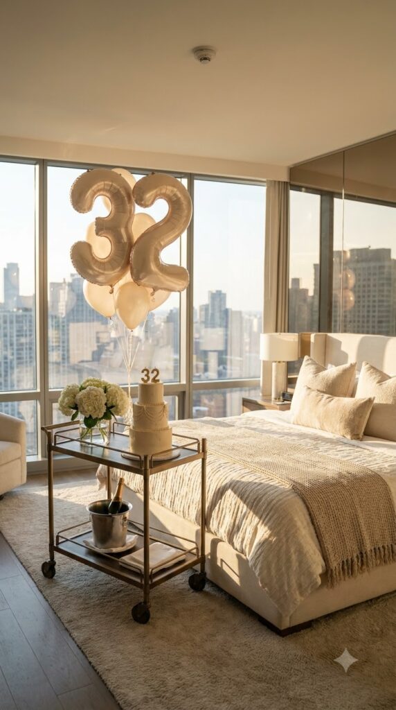 A luxury hotel suite decorated with balloons, birthday cake, flowers, and skyline views inspired