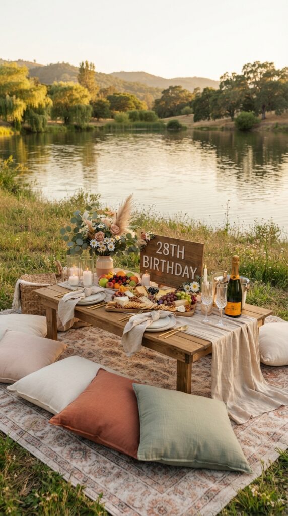 Luxury birthday picnic with elegant table styling, cheese board, candles, and beautiful lakeside views.