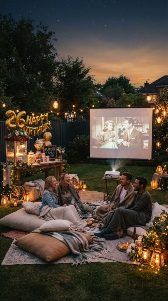 Cozy outdoor movie night for a 26th birthday with projector screen, blankets, string lights, popcorn station, and lanterns.