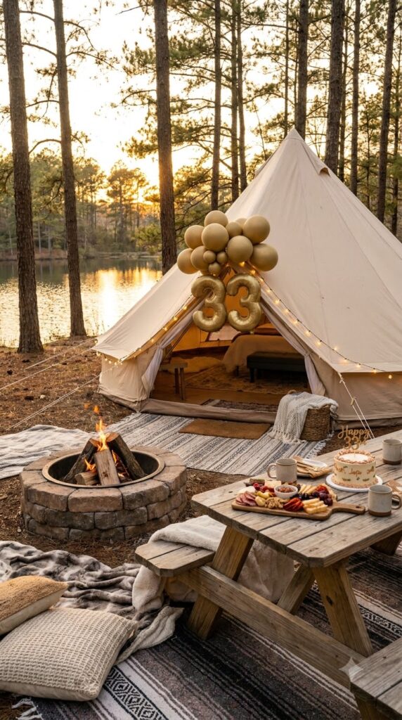 A cozy cabin birthday getaway with rustic decorations, balloons, bonfire seating, mountain scenery, and a birthday cake