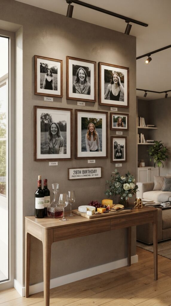 Modern home gallery displaying framed birthday portraits with elegant wine and cheese presentation.