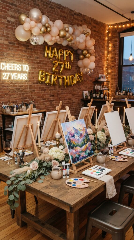Elegant paint and sip birthday party featuring easels, wine, candles, flowers, and modern creative studio decor.