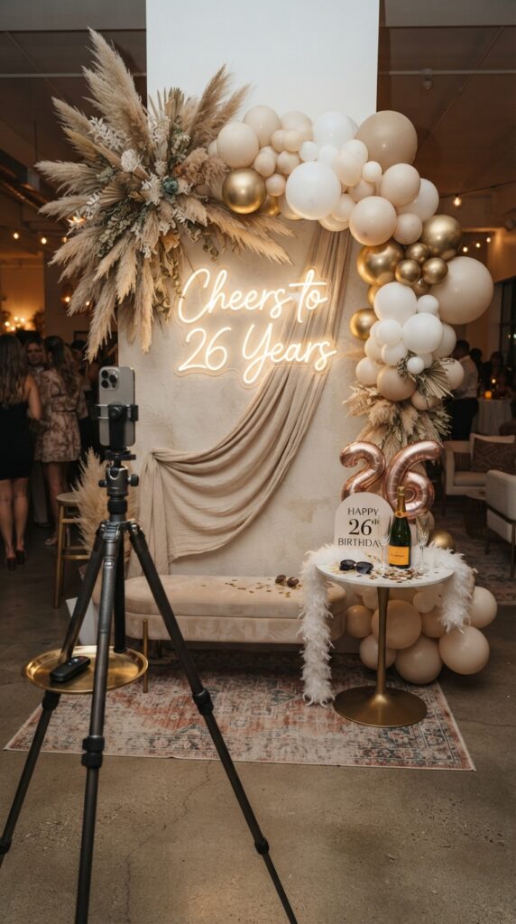 Luxury 26th birthday photo booth backdrop with pampas grass, neutral balloon arch, draped fabric, neon sign, and stylish props.