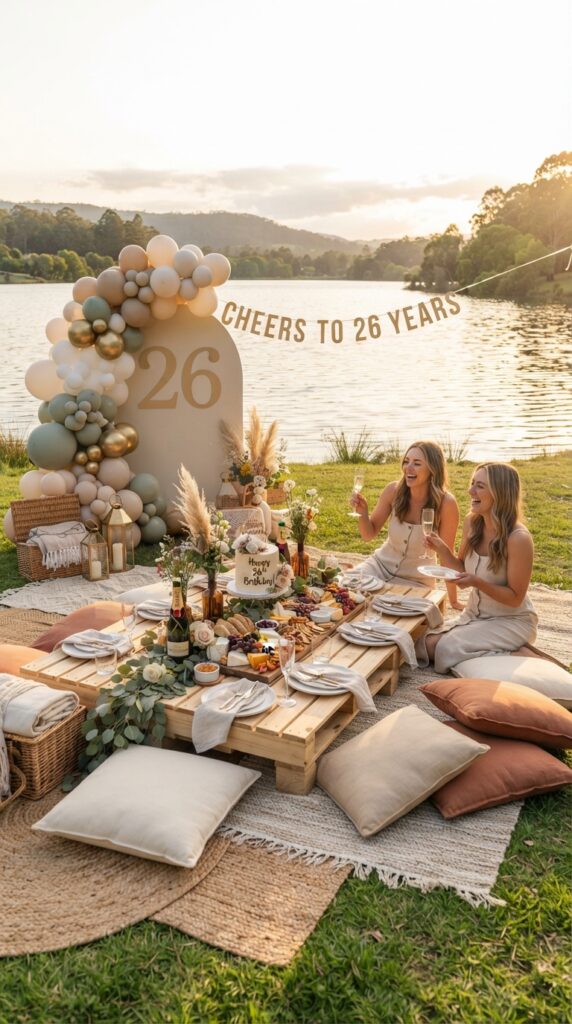 Luxury picnic setup for a 26th birthday with grazing board, wicker baskets, flowers, floor cushions, and scenic lakeside views.