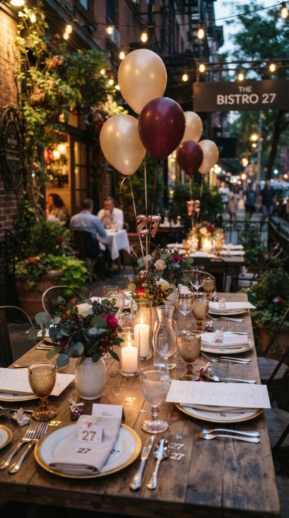 Stylish progressive dinner birthday celebration with elegant restaurant tables, candles, balloons, and sophisticated evening ambiance.