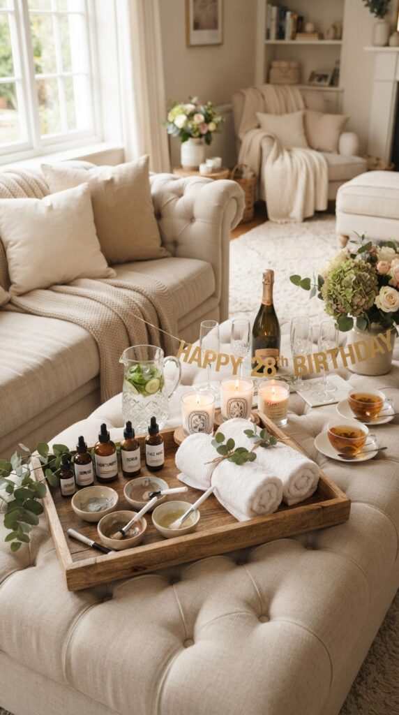 Relaxing DIY birthday spa setup with candles, skincare products, herbal tea, and luxury home decor.