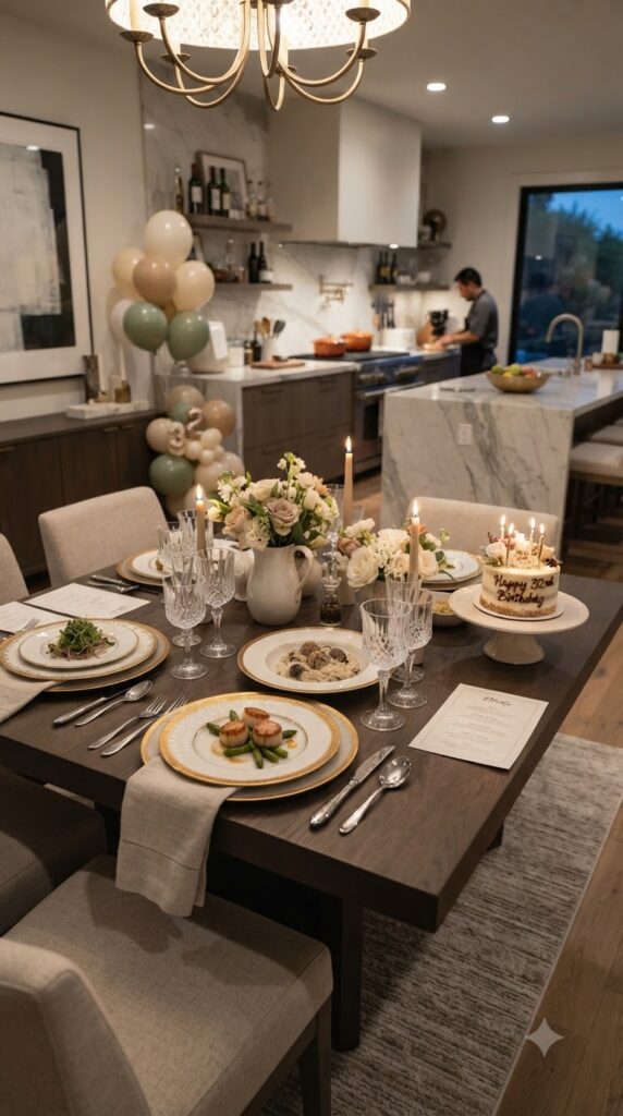 A luxury home dining setup with gourmet dishes, candlelight, and stylish table decor inspired by