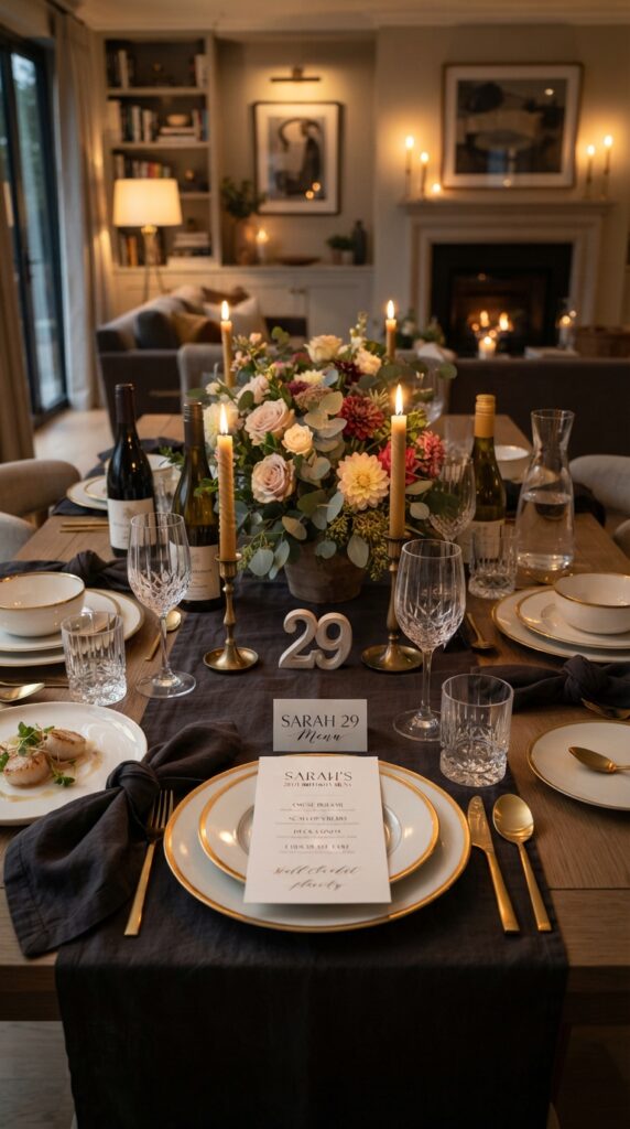 Luxury private chef dinner table with candles, floral centerpieces, and elegant place settings for an intimate 29th birthday celebration.