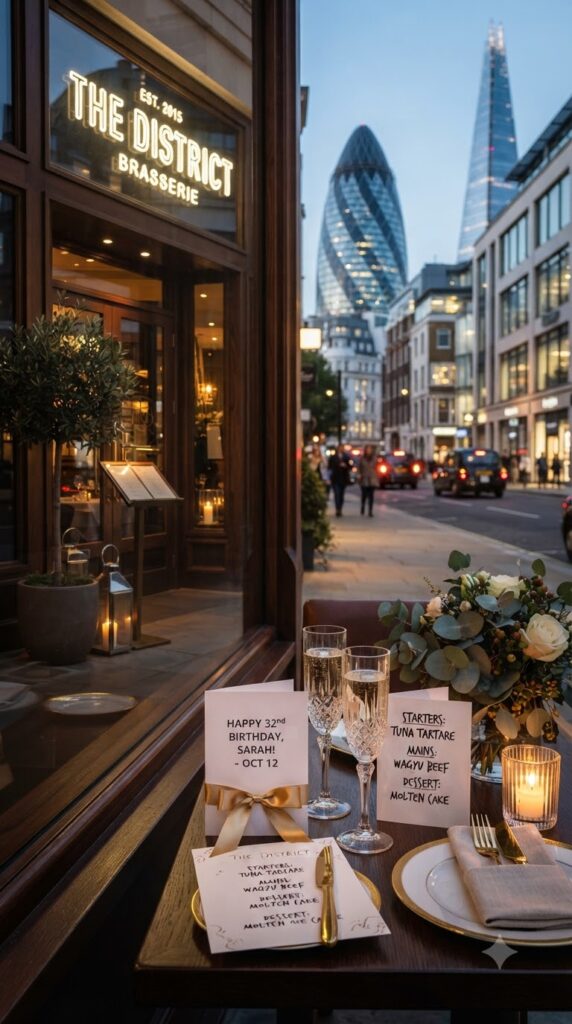 A stylish city restaurant birthday table with candles, elegant place settings, and urban evening vibes