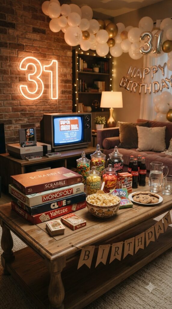Retro game night setup for a 31st birthday with classic board games, nostalgic snacks, neon 31 sign, and cozy party decorations.