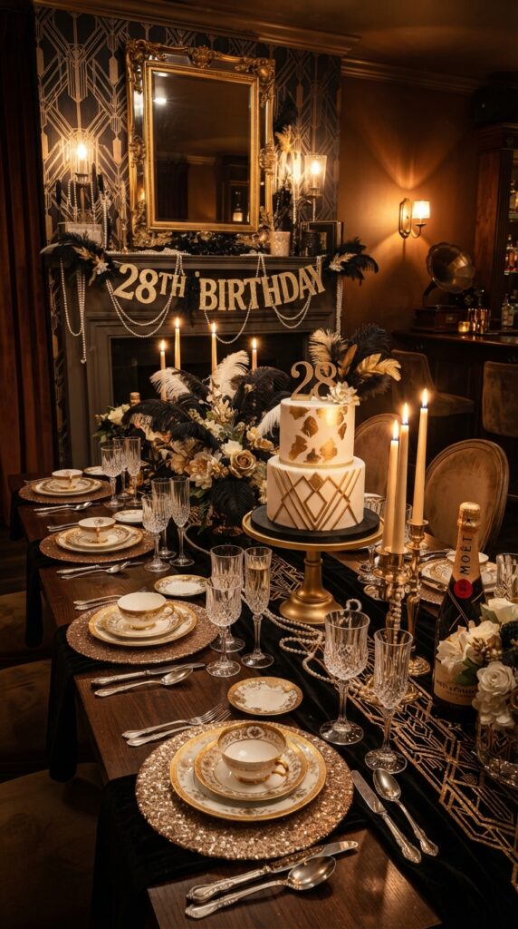 Great Gatsby-inspired birthday dinner with black and gold decor, candles, and elegant Art Deco styling.