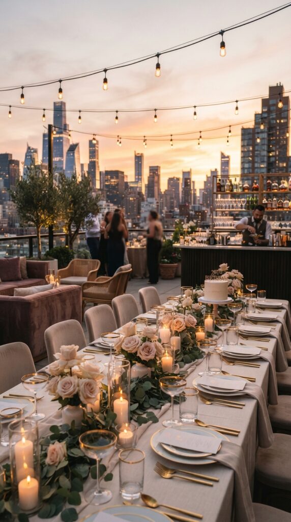 Elegant rooftop 29th birthday party with sunset views, string lights, cocktail table, candles, and luxury outdoor birthday decorations