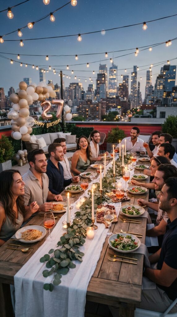 Elegant 27th birthday rooftop dinner party with candles, string lights, balloons, and a beautifully styled table overlooking the city skyline.