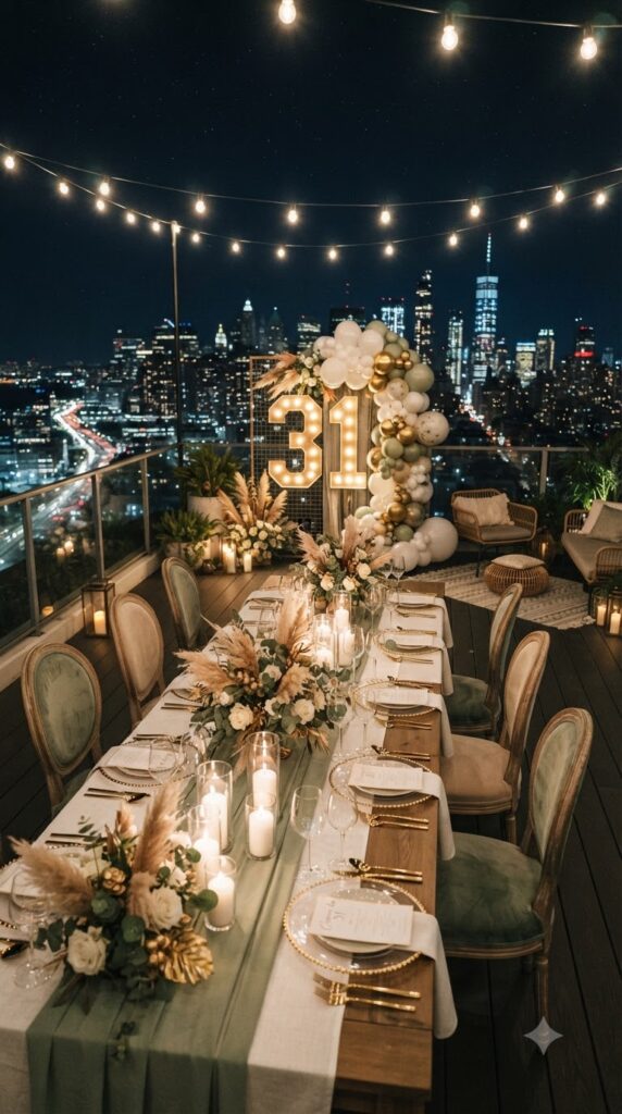 Beautiful rooftop dinner setup for a 31st birthday featuring city skyline views, string lights, elegant table décor, and gold 31 birthday decorations.