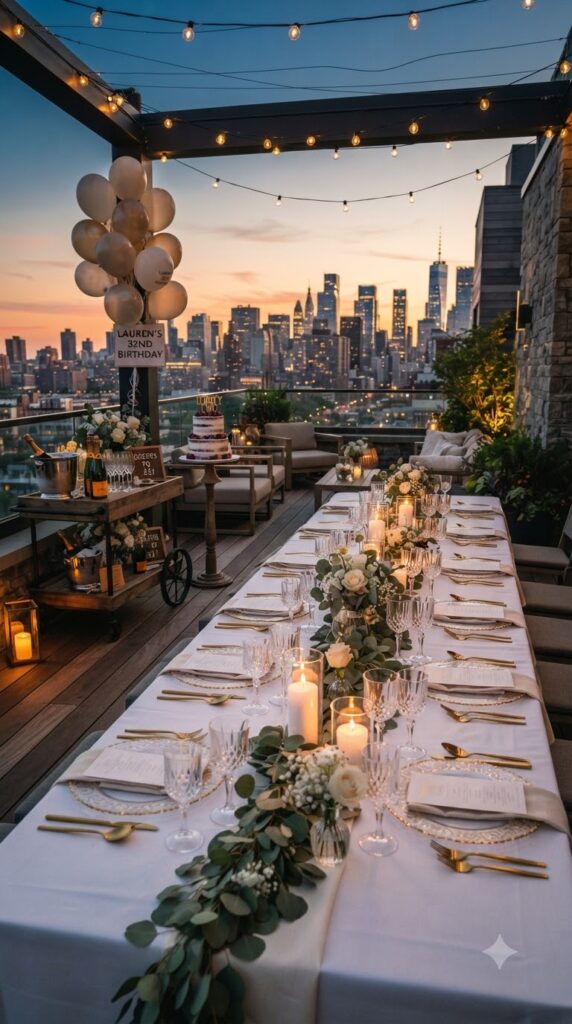 An elegant rooftop sunset dinner featuring white linen tables, candles, champagne, and city skyline decor