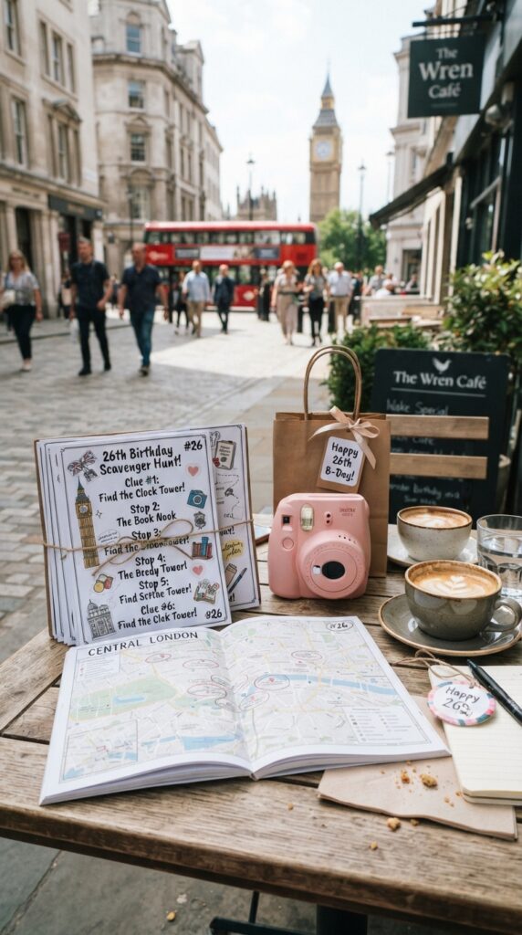 Stylish city scavenger hunt setup for a 26th birthday with clue cards, map, instant camera, coffee, and travel-inspired décor