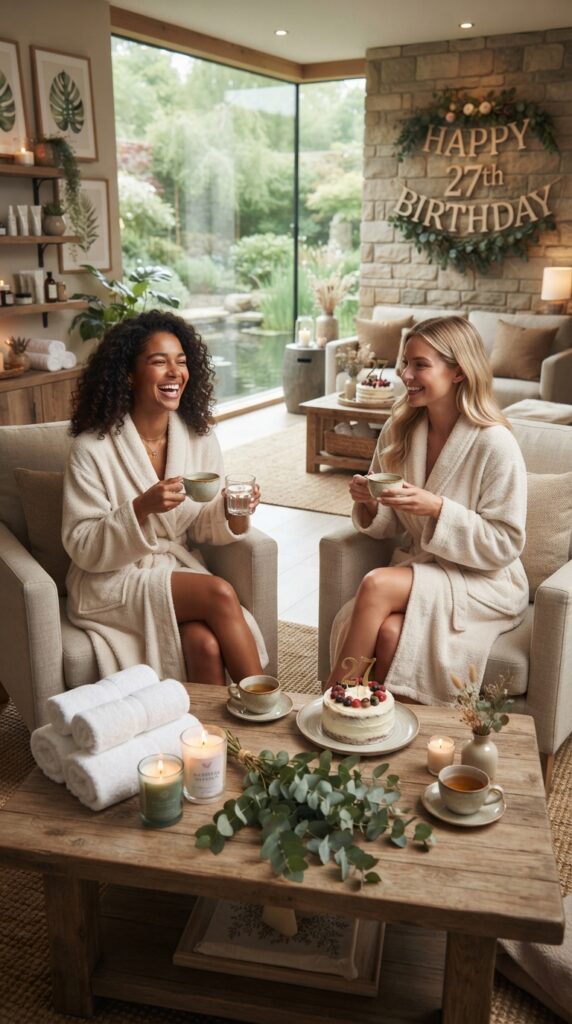 Relaxing luxury spa birthday setup featuring candles, eucalyptus, plush towels, and a peaceful wellness retreat atmosphere.