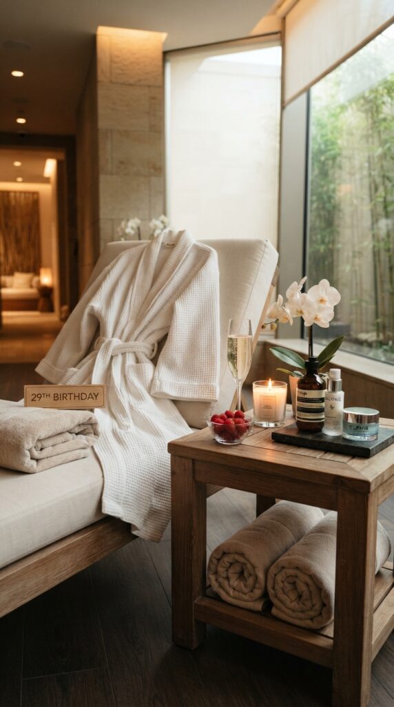 Luxury spa-inspired birthday setup with candles, orchids, champagne, and relaxing décor for a peaceful 29th birthday celebration.