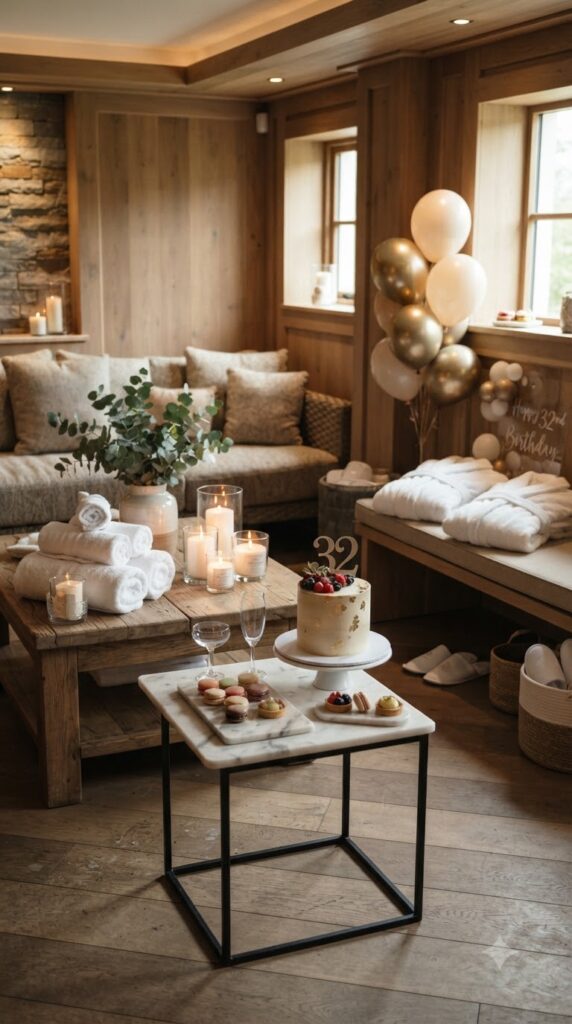 A relaxing luxury spa-inspired birthday setup with candles, towels, dessert table, and elegant decorations