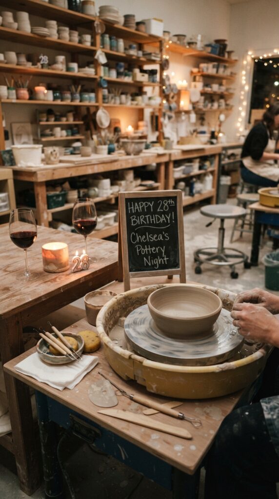 Creative pottery studio birthday party with ceramic wheel, wine, candles, and artistic workspace.