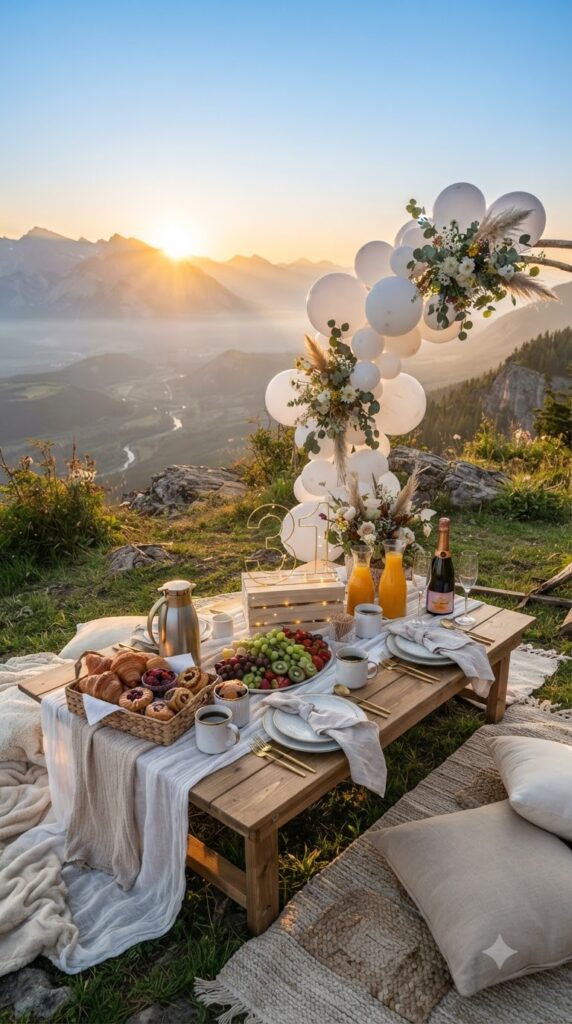 Scenic sunrise brunch setup for a 31st birthday with pastries, coffee, fresh flowers, picnic table, and beautiful gold 31 birthday decorations.