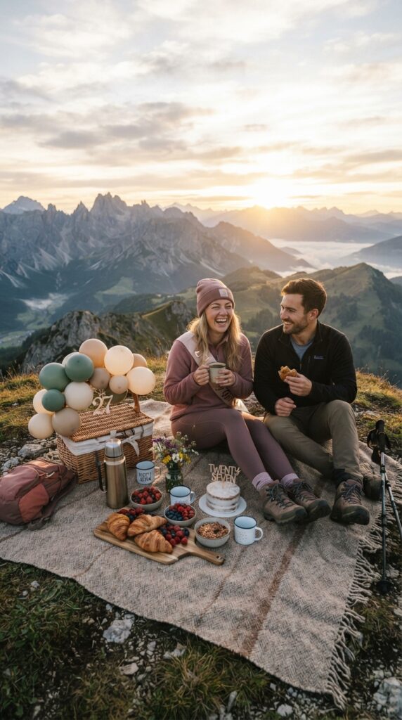 Beautiful sunrise birthday picnic with gourmet brunch, mountain views, cozy blankets, and elegant outdoor birthday styling.