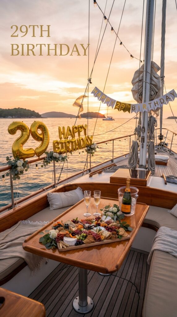 Elegant sunset cruise decorated with gold balloons, champagne, and waterfront birthday décor for a luxurious 29th birthday celebration.