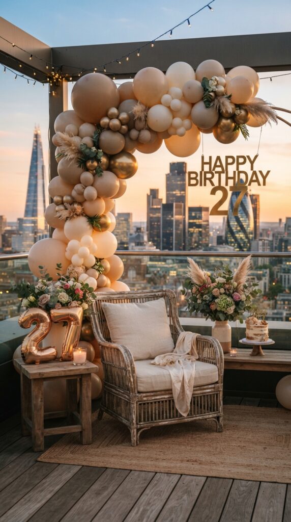 Golden hour 27th birthday photo setup with rooftop backdrop, neutral balloons, fresh flowers, and elegant portrait styling.