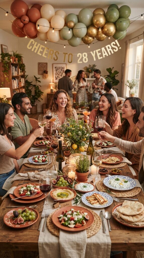Beautiful themed potluck dinner table with international cuisine, candles, and stylish birthday decorations.