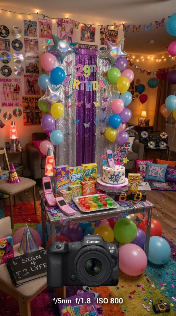 olorful 2000s themed birthday party with retro decorations, glitter backdrop, balloons, and nostalgic party décor for a fun 29th birthday.