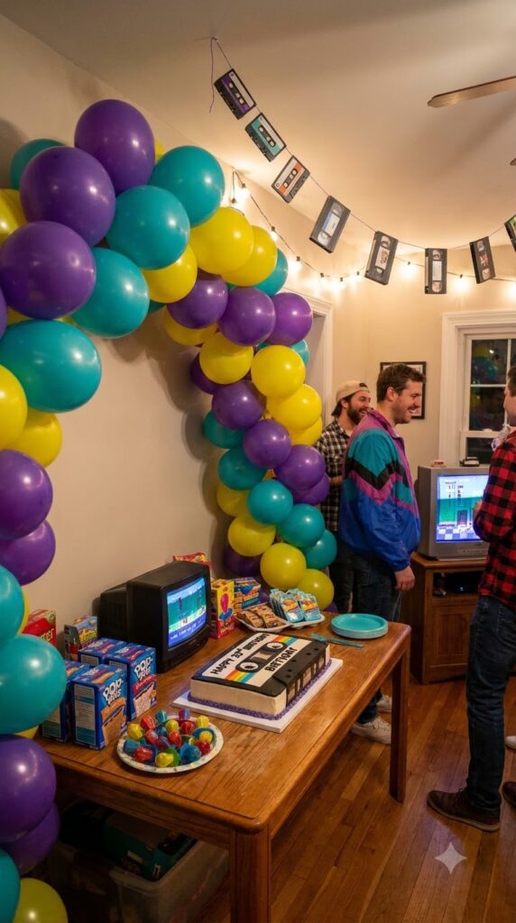 A stylish paint and sip birthday party with canvases, wine glasses, elegant balloons, birthday cake, and artistic deco