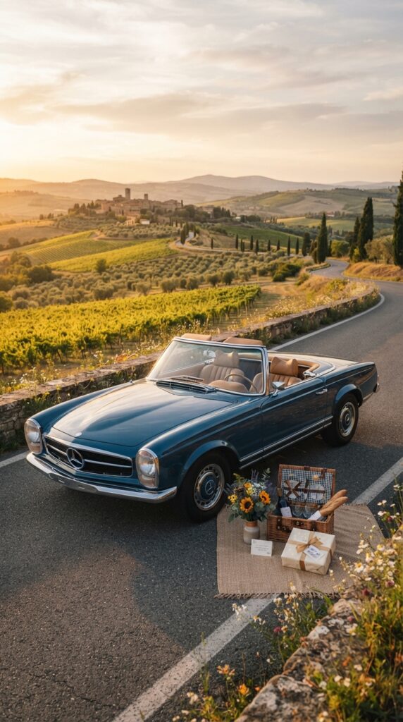 Classic convertible parked on a scenic route with birthday picnic setup during golden hour.