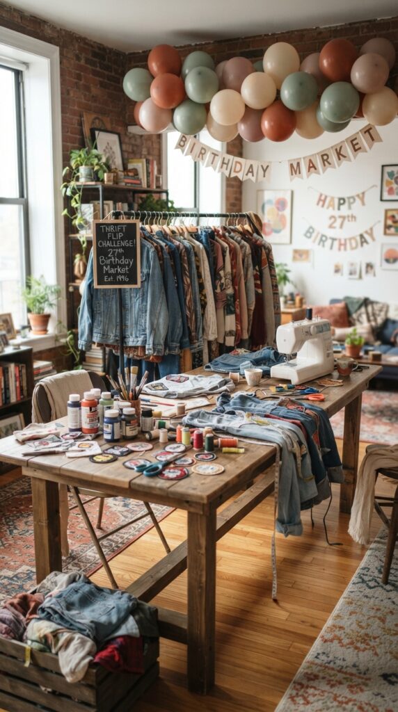 Creative thrift flip birthday party with vintage clothing, DIY craft supplies, stylish apartment decor, and trendy party setup.