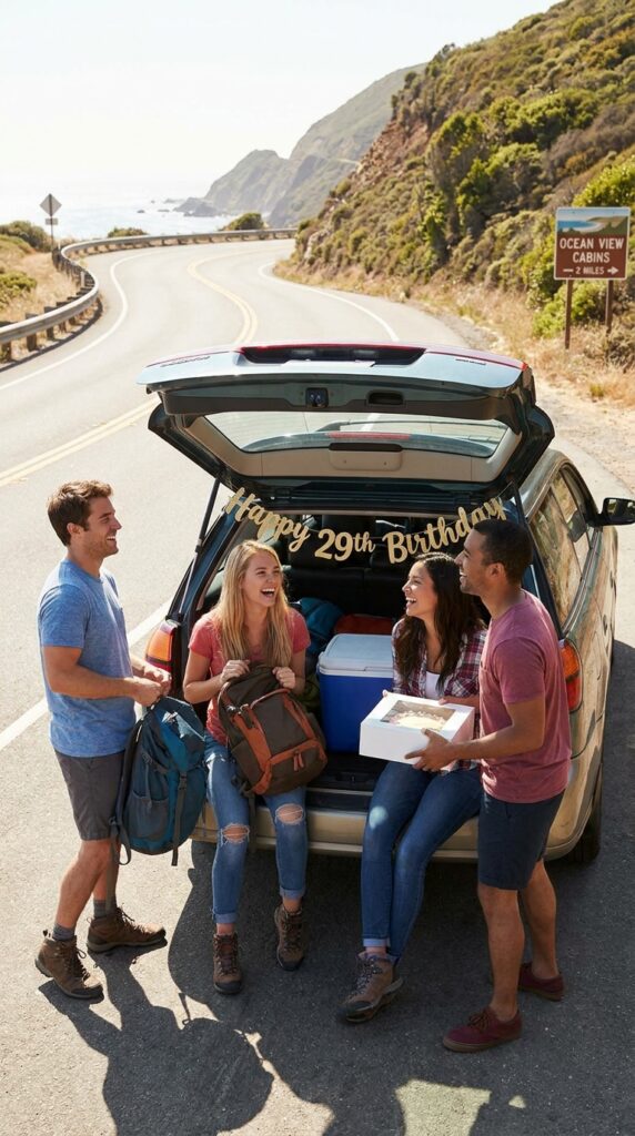 Cozy vacation rental decorated with birthday banner, cake, and warm lighting for a memorable 29th birthday road trip getaway.
