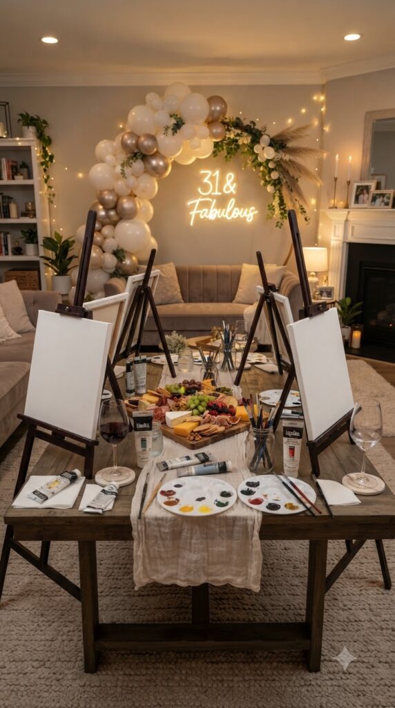 Elegant 31st birthday wine and canvas party setup with painting easels, wine glasses, charcuterie board, fairy lights, and gold 31 birthday decorations.